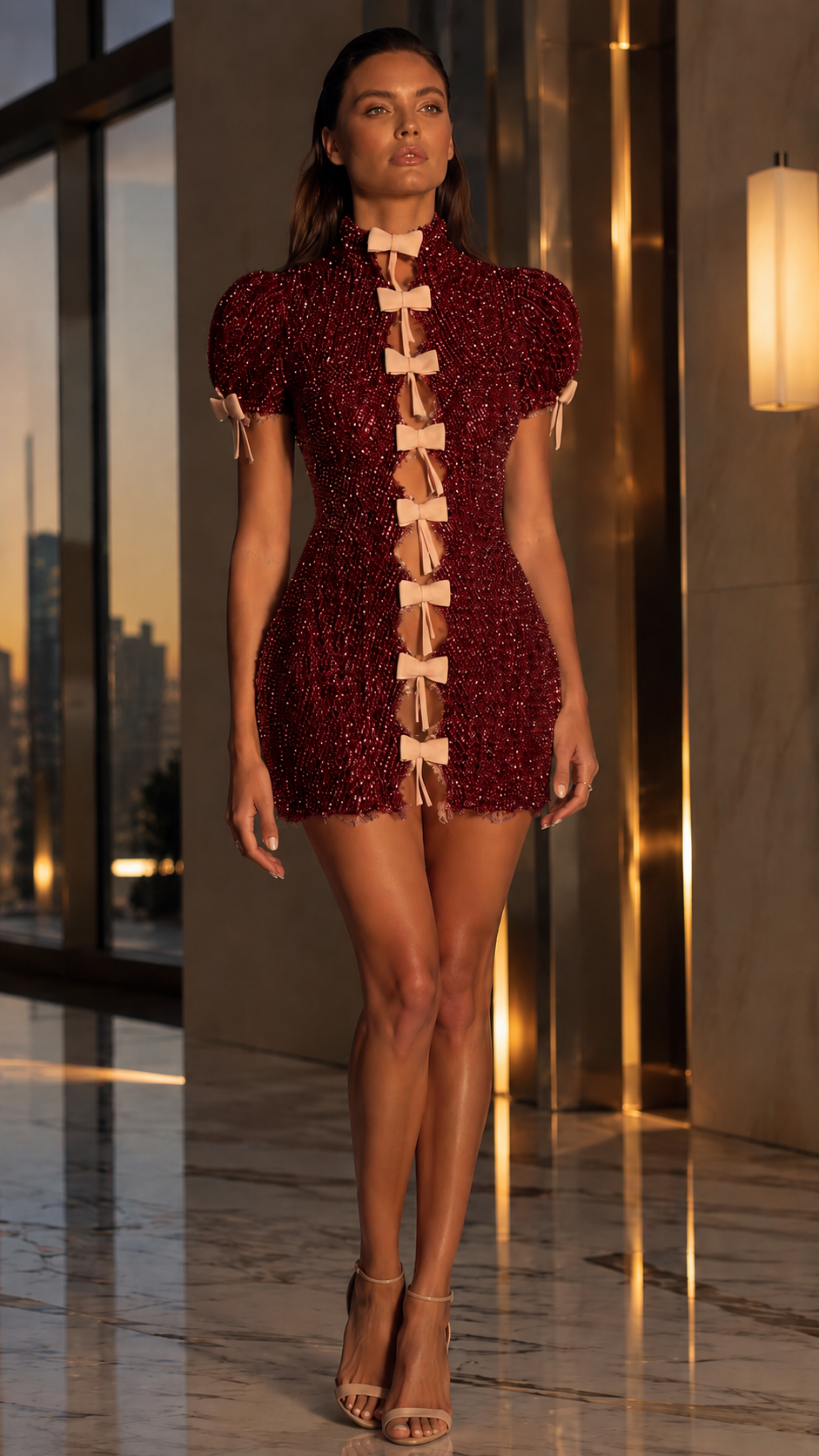 Gold Beaded Bow Detail Mini Dress
