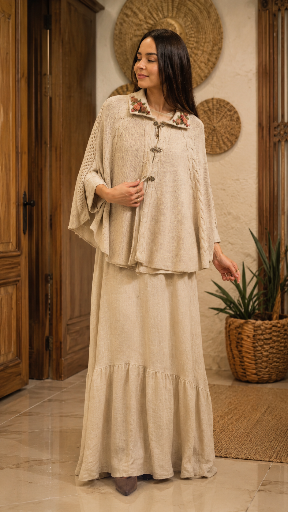 Embroidered Knit Cape & Maxi Skirt Set