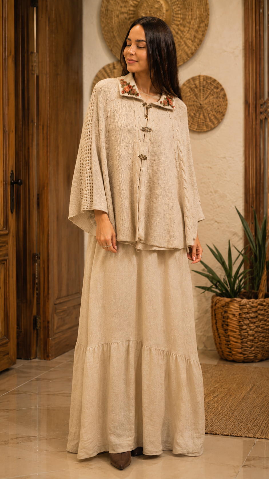 Embroidered Knit Cape & Maxi Skirt Set