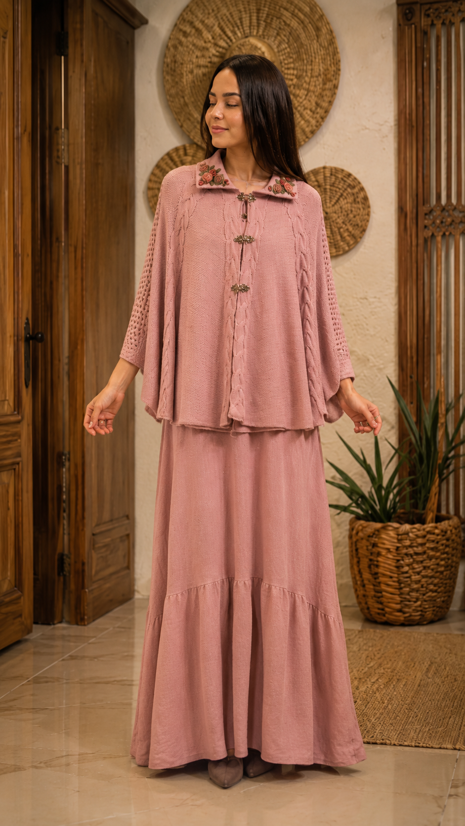 Embroidered Knit Cape & Maxi Skirt Set