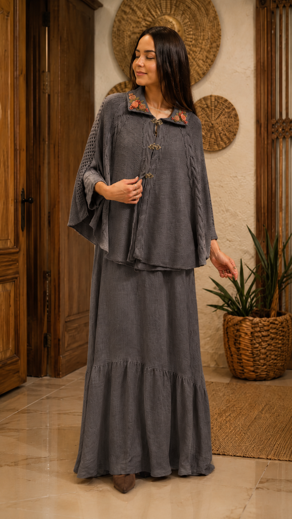 Embroidered Knit Cape & Maxi Skirt Set