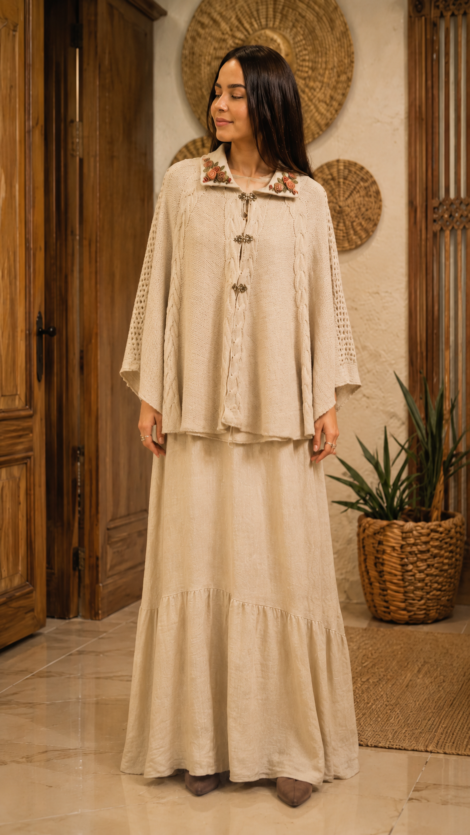 Embroidered Knit Cape & Maxi Skirt Set
