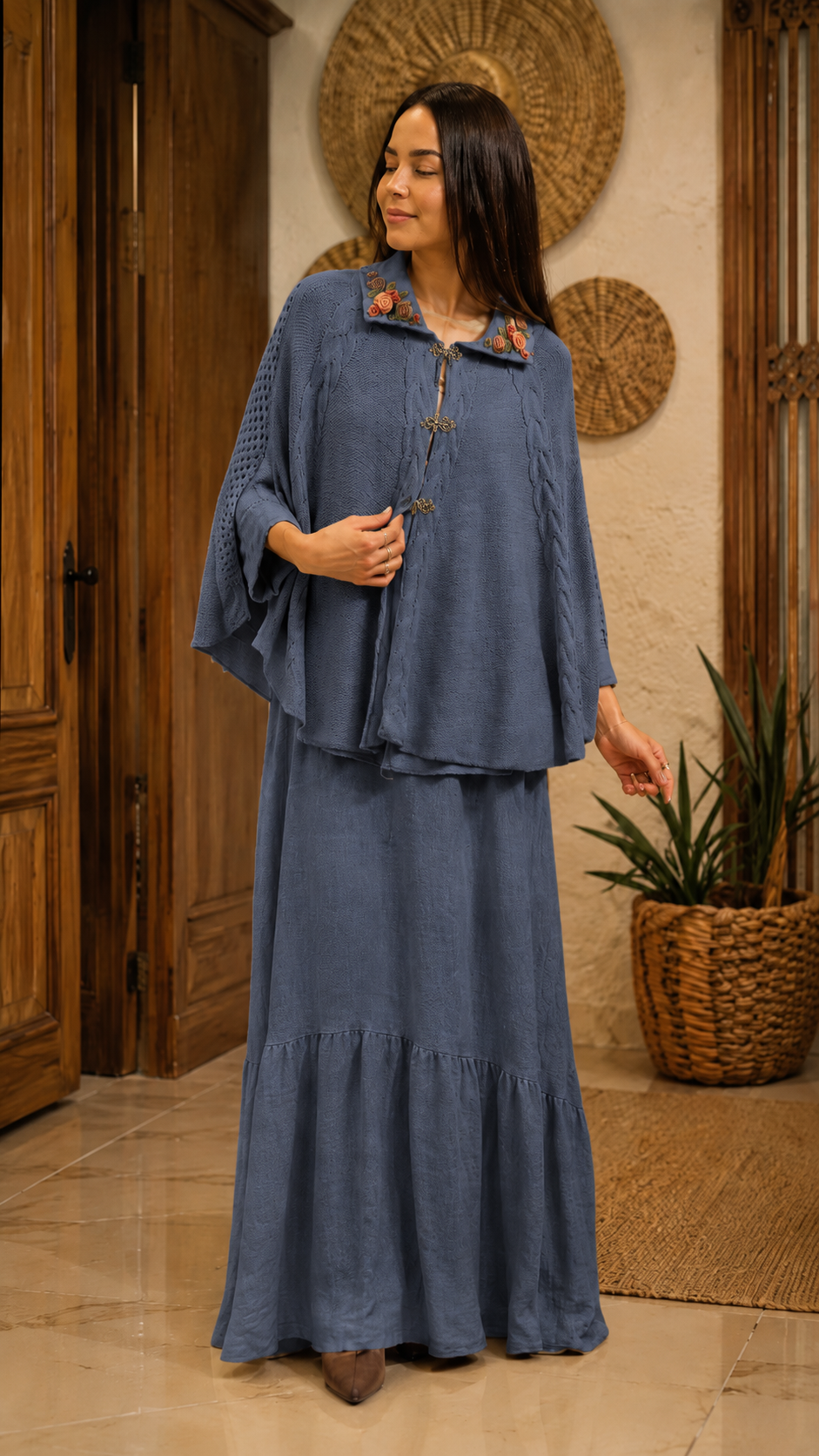 Embroidered Knit Cape & Maxi Skirt Set