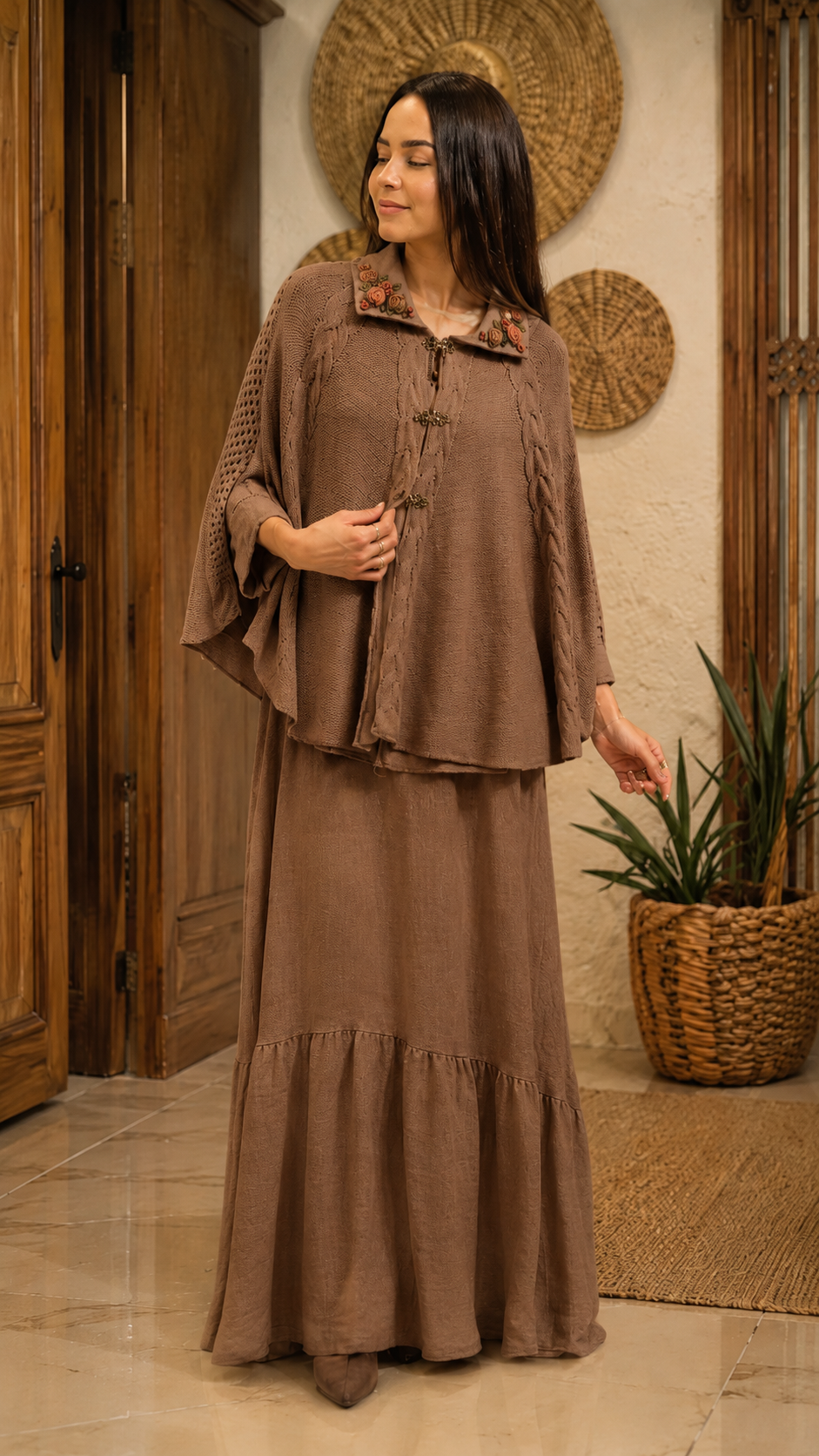 Embroidered Knit Cape & Maxi Skirt Set