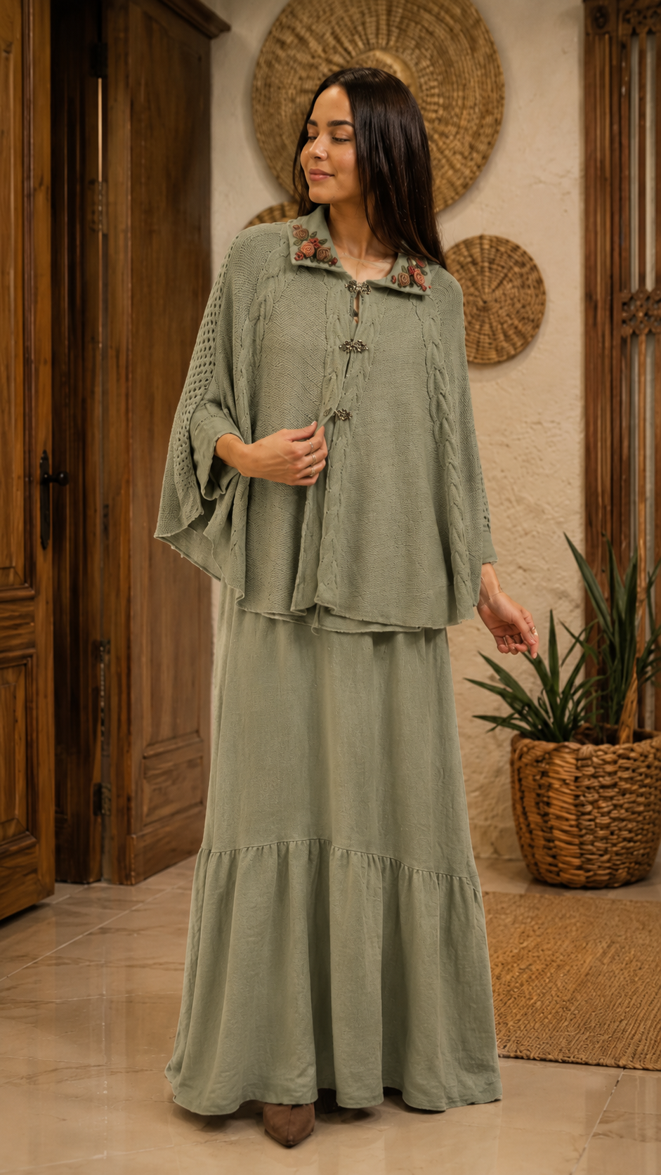 Embroidered Knit Cape & Maxi Skirt Set
