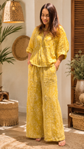 Yellow Paisley Hooded Jacket & Wide-Leg Pants Set