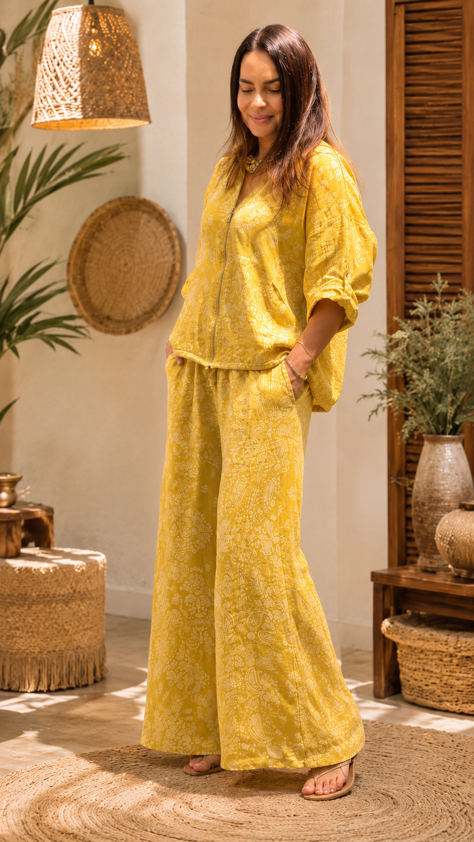 Yellow Paisley Hooded Jacket & Wide-Leg Pants Set