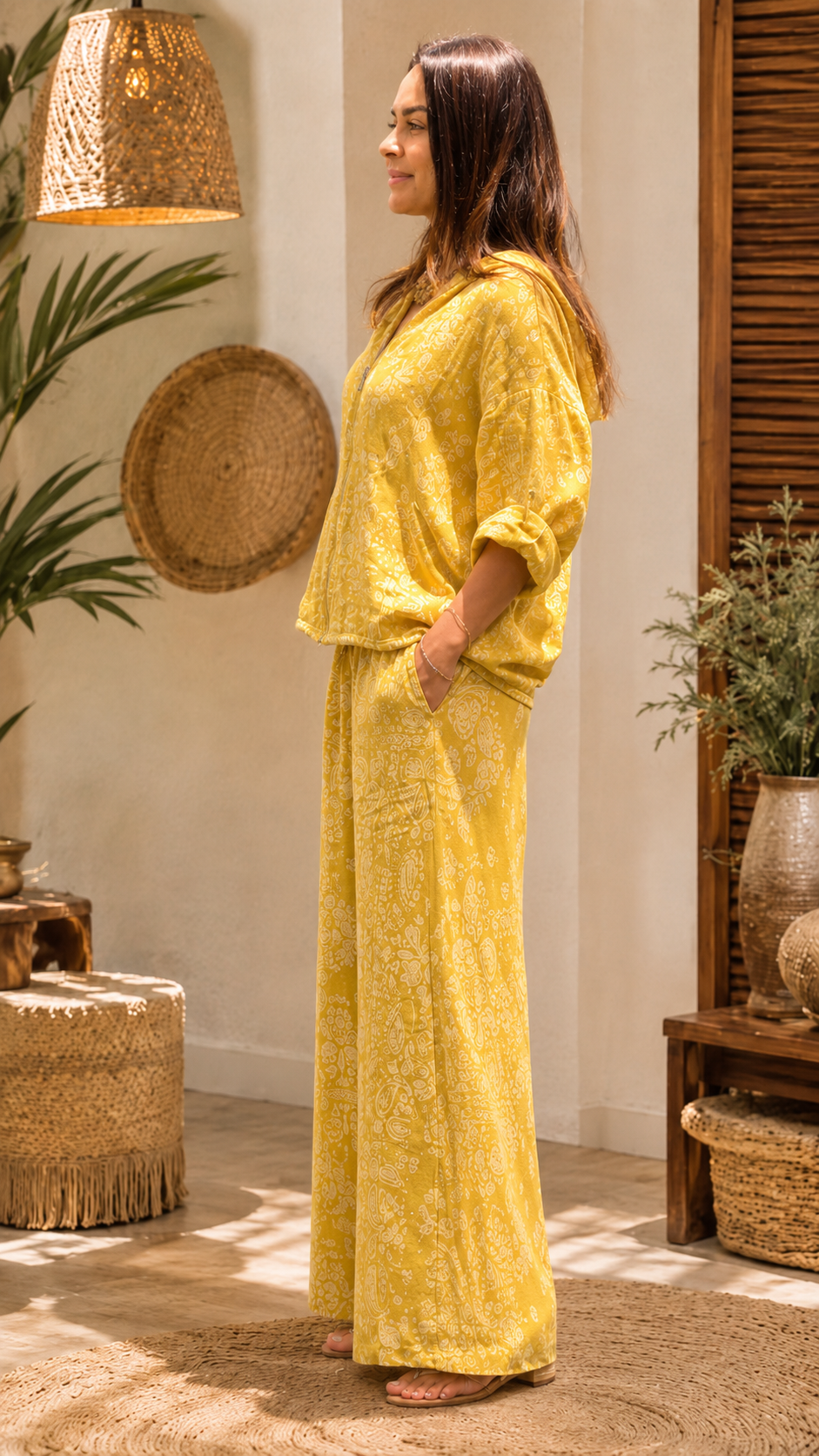 Yellow Paisley Hooded Jacket & Wide-Leg Pants Set