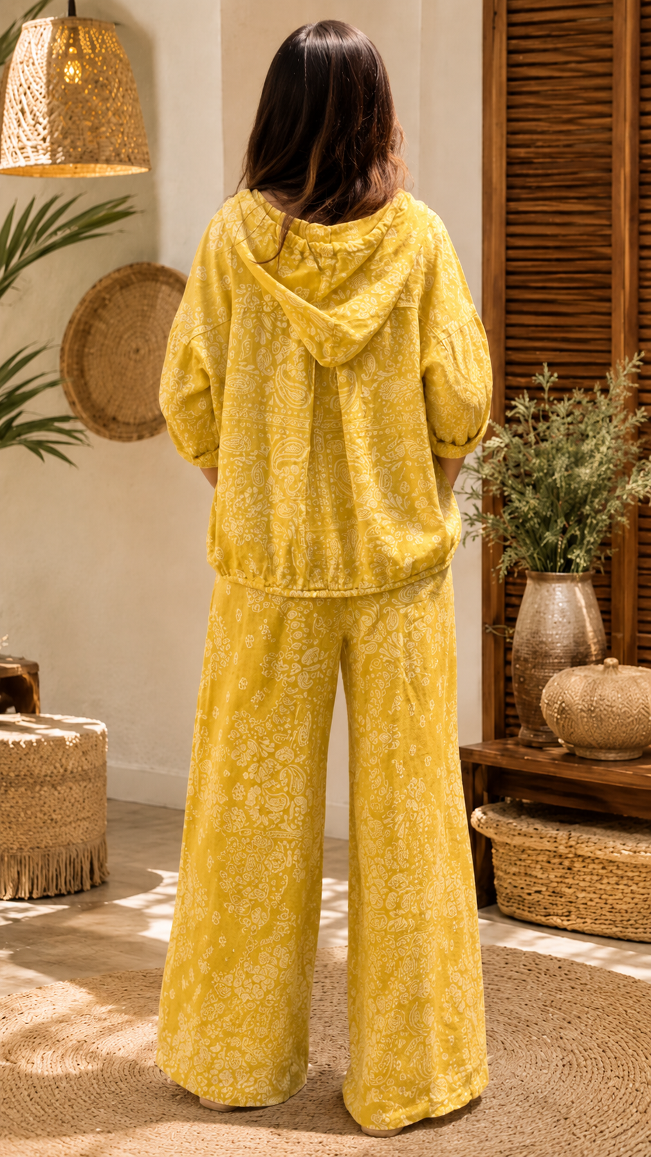 Yellow Paisley Hooded Jacket & Wide-Leg Pants Set