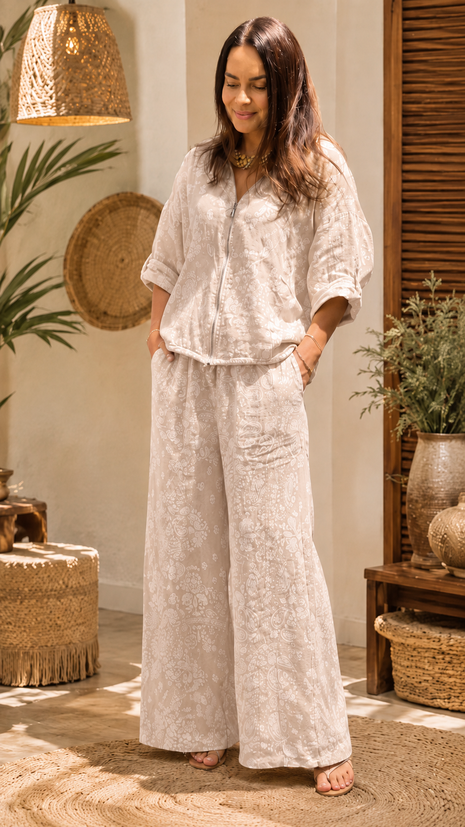 Yellow Paisley Hooded Jacket & Wide-Leg Pants Set