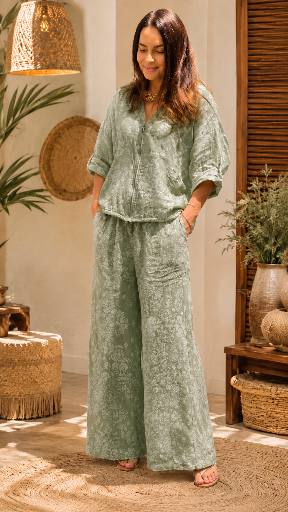 Yellow Paisley Hooded Jacket & Wide-Leg Pants Set
