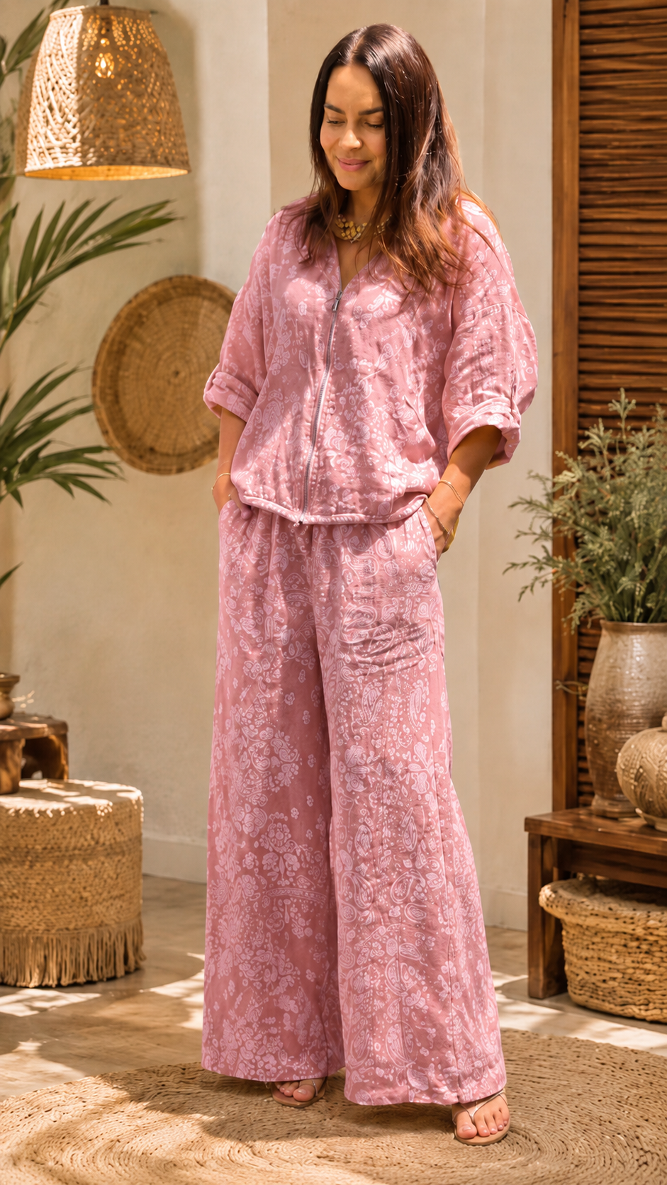 Yellow Paisley Hooded Jacket & Wide-Leg Pants Set
