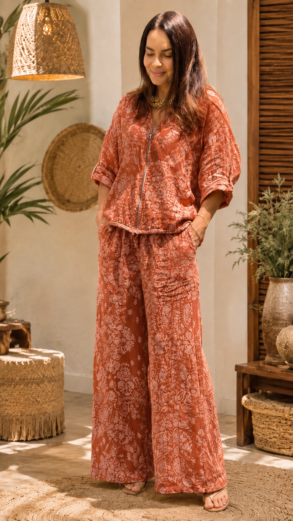 Yellow Paisley Hooded Jacket & Wide-Leg Pants Set
