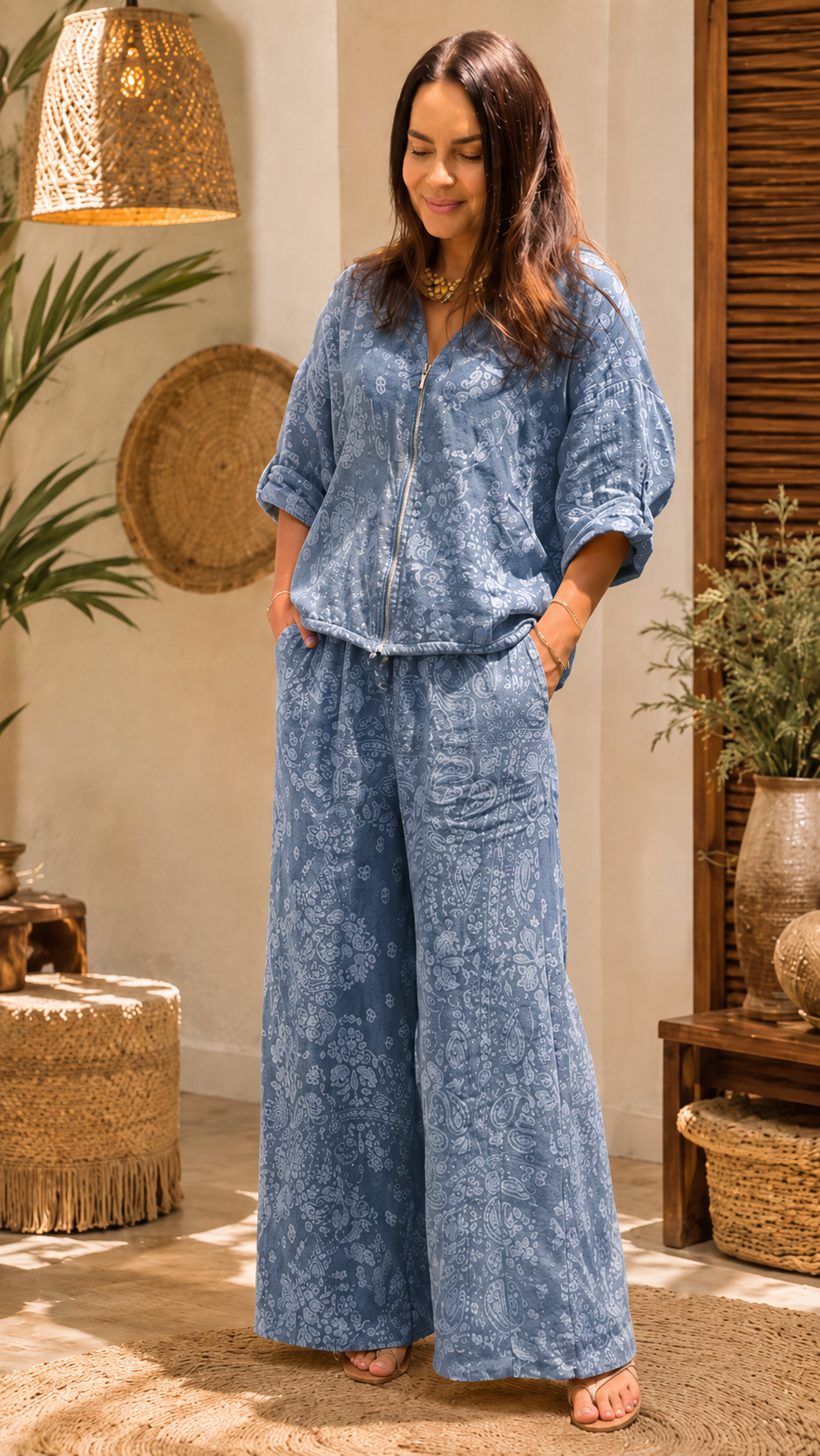 Yellow Paisley Hooded Jacket & Wide-Leg Pants Set