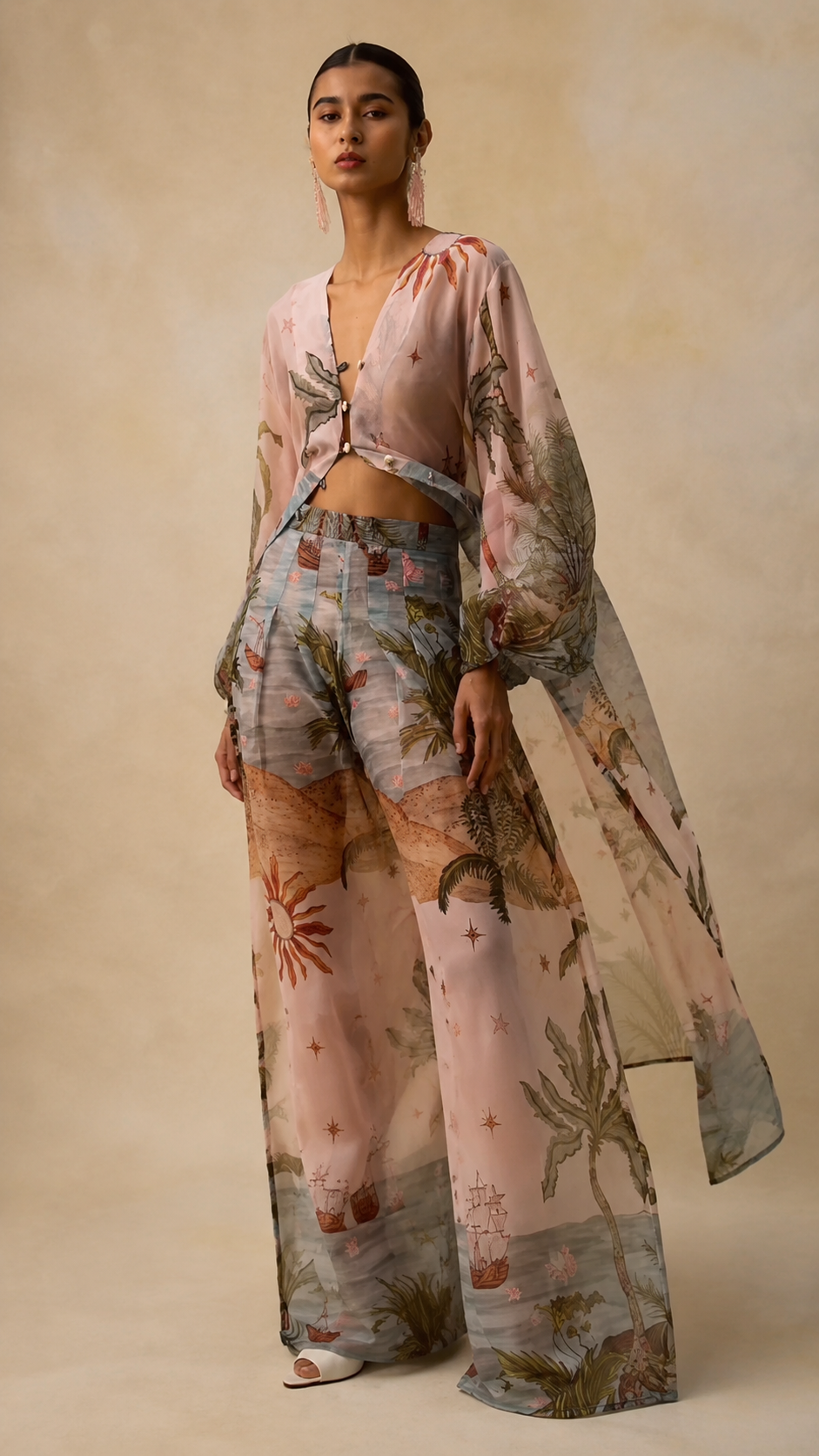 Tropical Print Sheer Kimono & Wide-Leg Pants Set