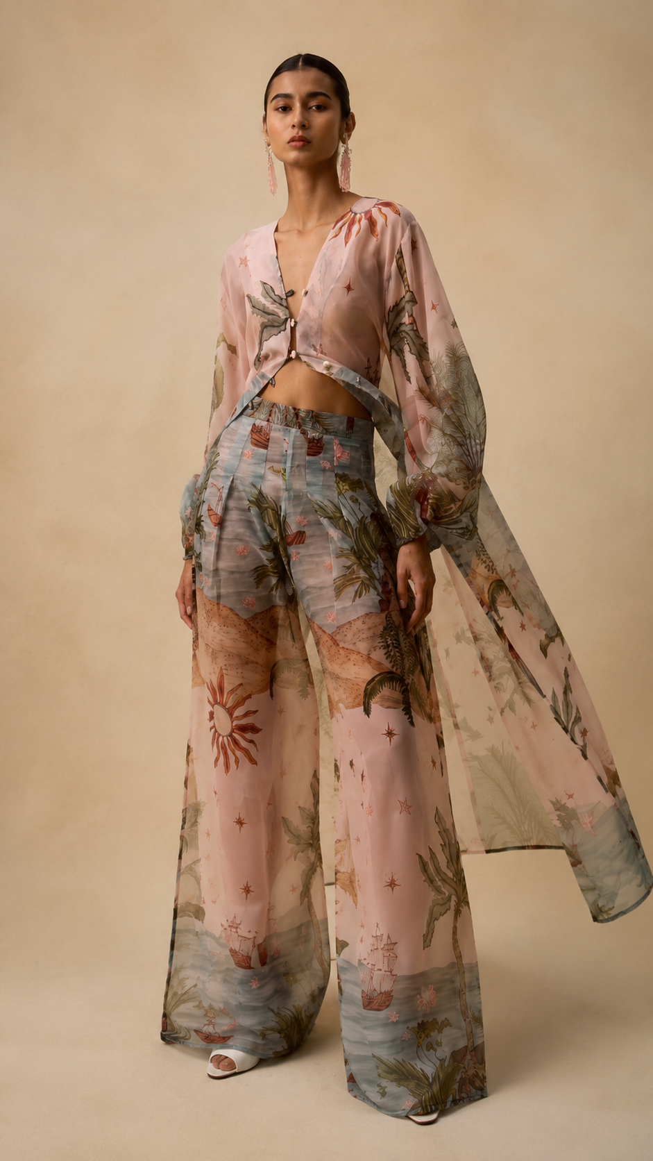 Tropical Print Sheer Kimono & Wide-Leg Pants Set
