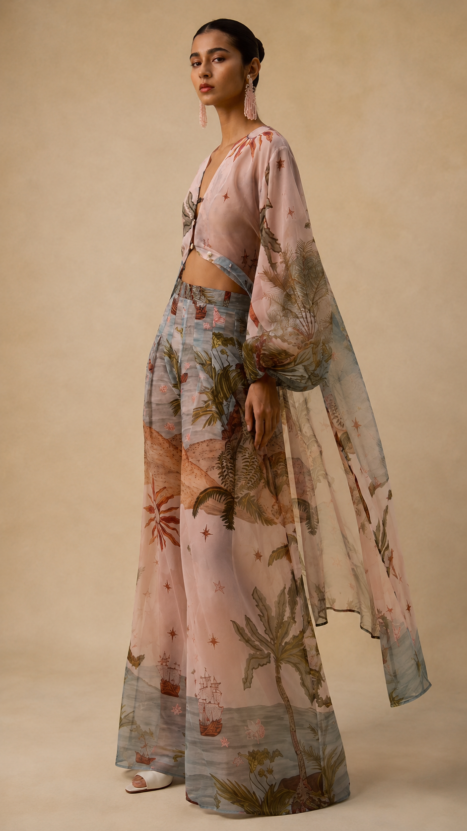 Tropical Print Sheer Kimono & Wide-Leg Pants Set