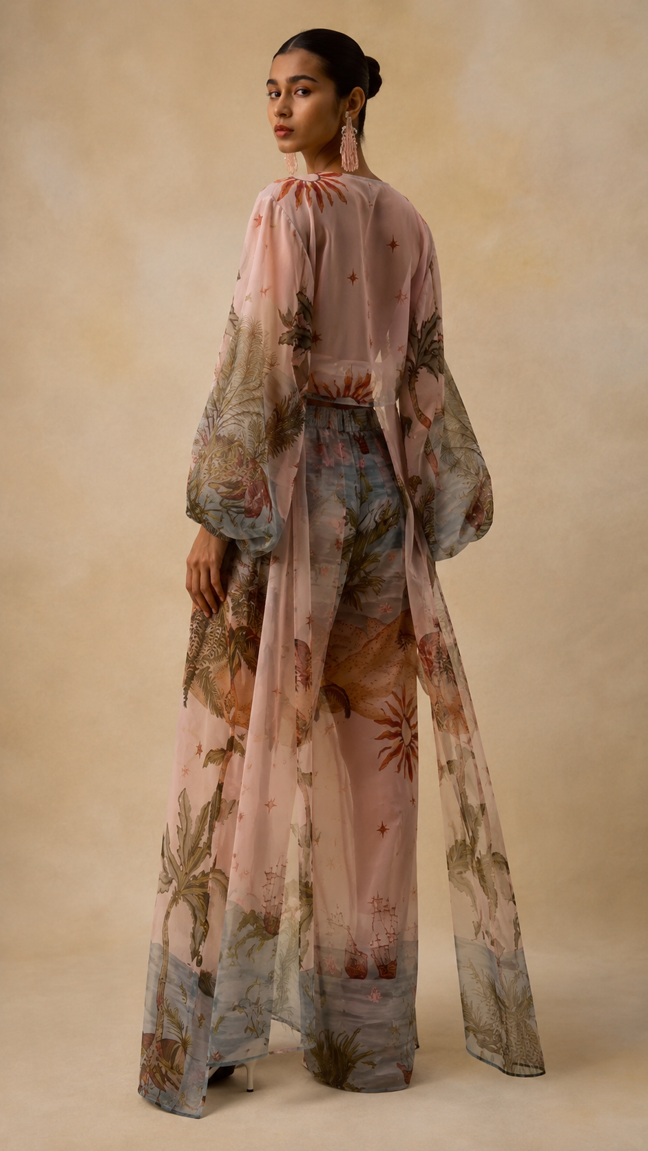 Tropical Print Sheer Kimono & Wide-Leg Pants Set