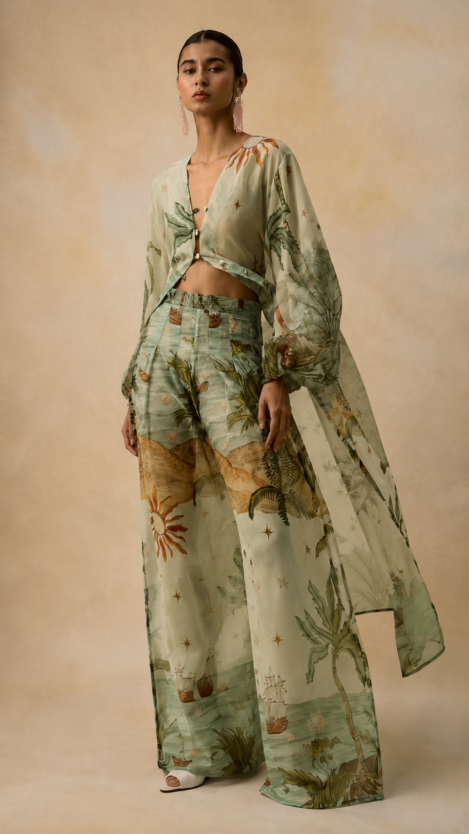 Tropical Print Sheer Kimono & Wide-Leg Pants Set