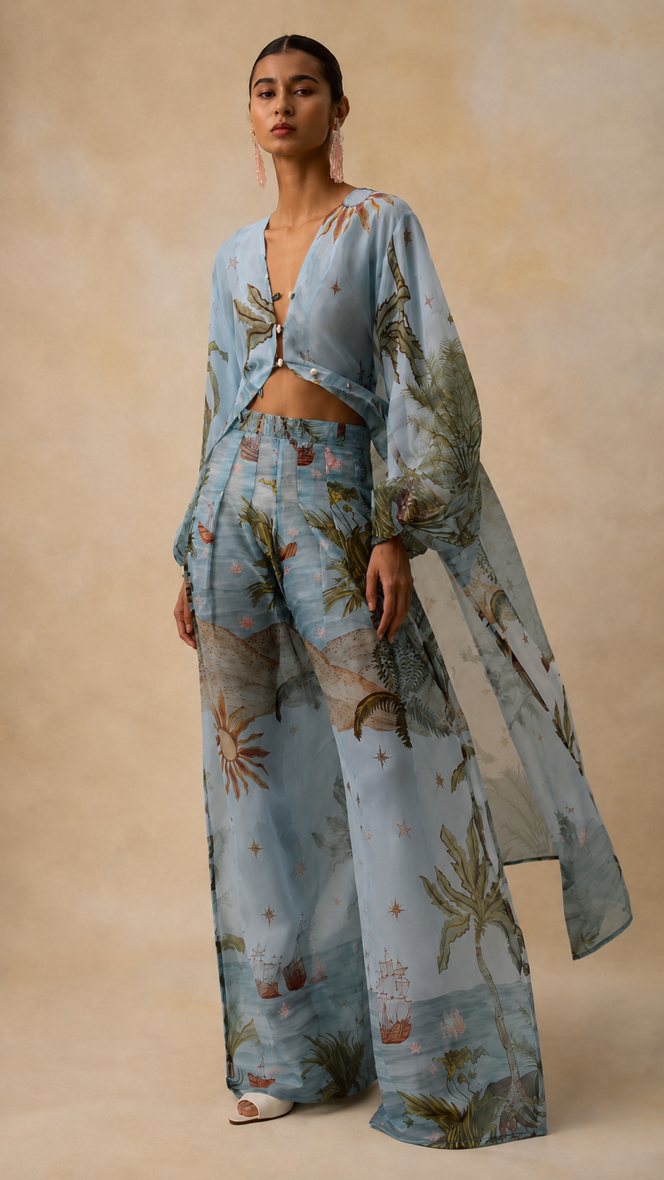 Tropical Print Sheer Kimono & Wide-Leg Pants Set