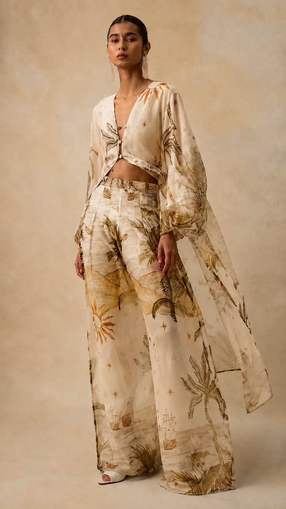 Tropical Print Sheer Kimono & Wide-Leg Pants Set