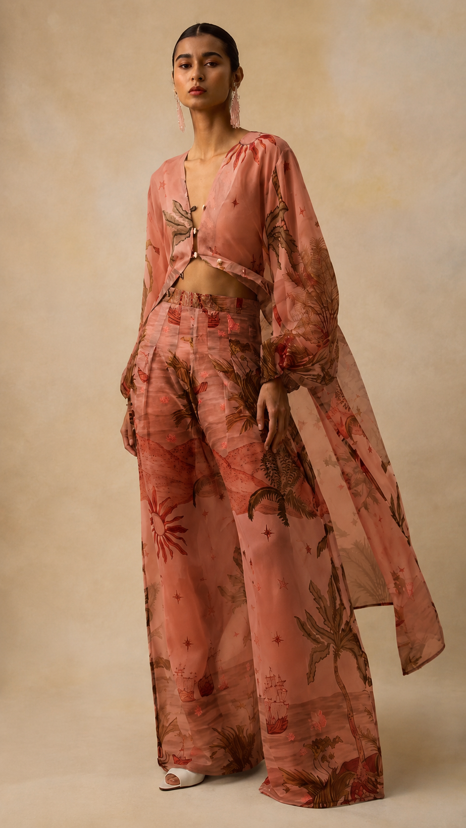 Tropical Print Sheer Kimono & Wide-Leg Pants Set