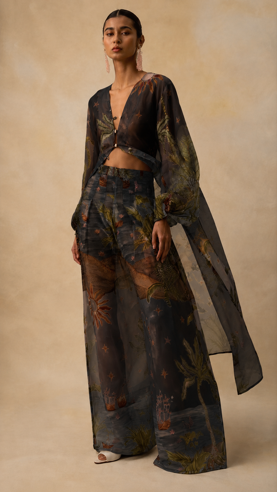Tropical Print Sheer Kimono & Wide-Leg Pants Set