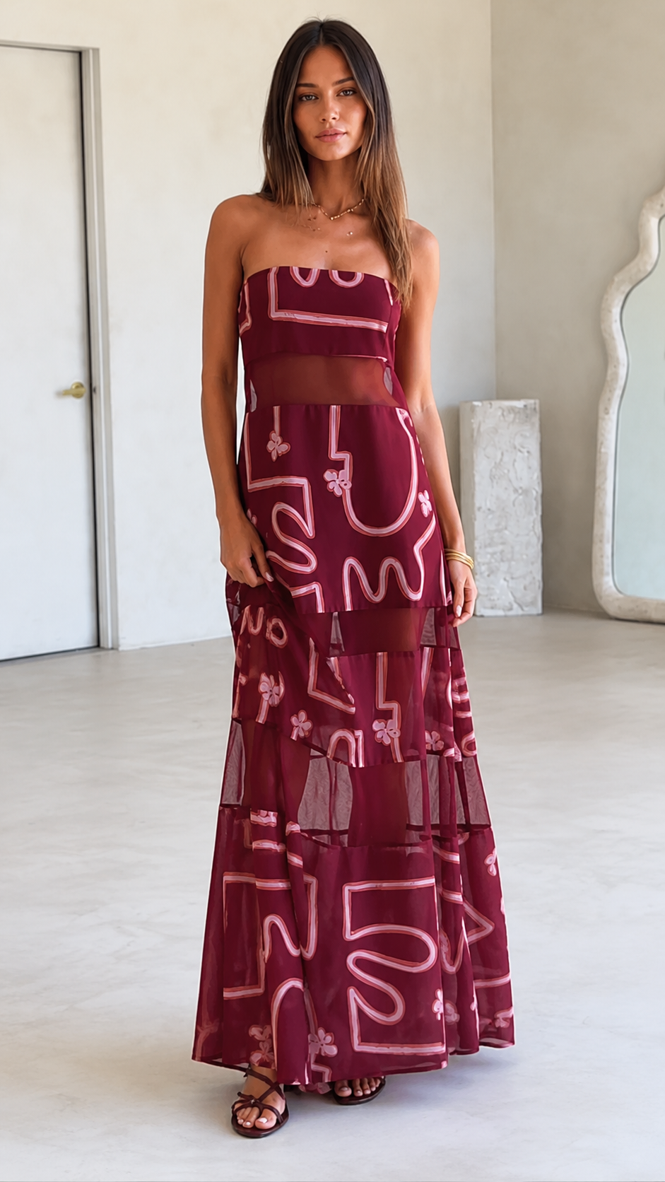 Burgundy Strapless Sheer Panel Maxi Dress