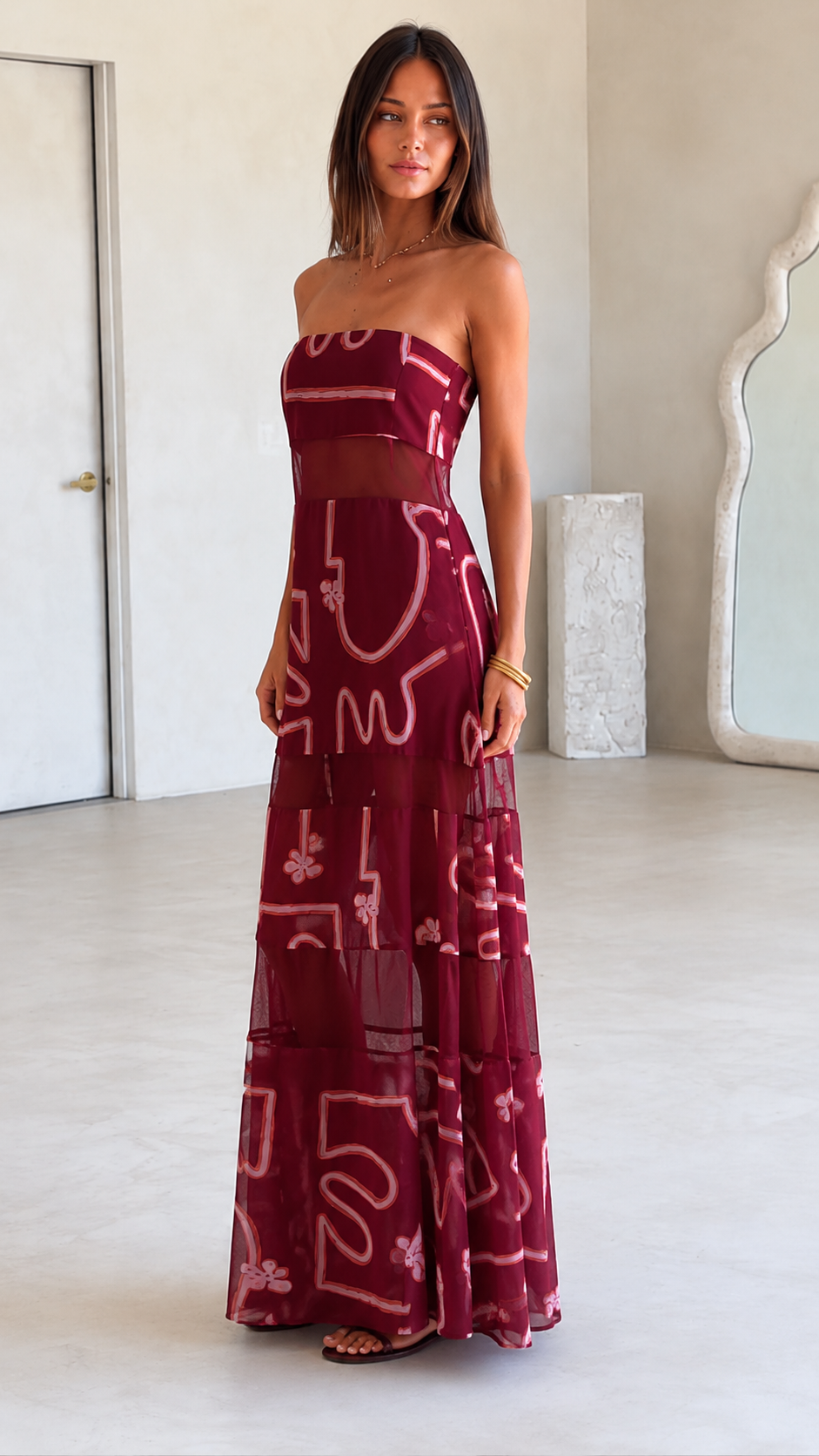 Burgundy Strapless Sheer Panel Maxi Dress