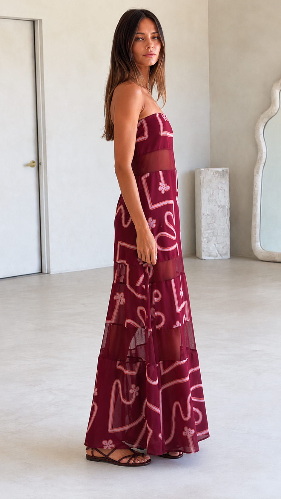 Burgundy Strapless Sheer Panel Maxi Dress
