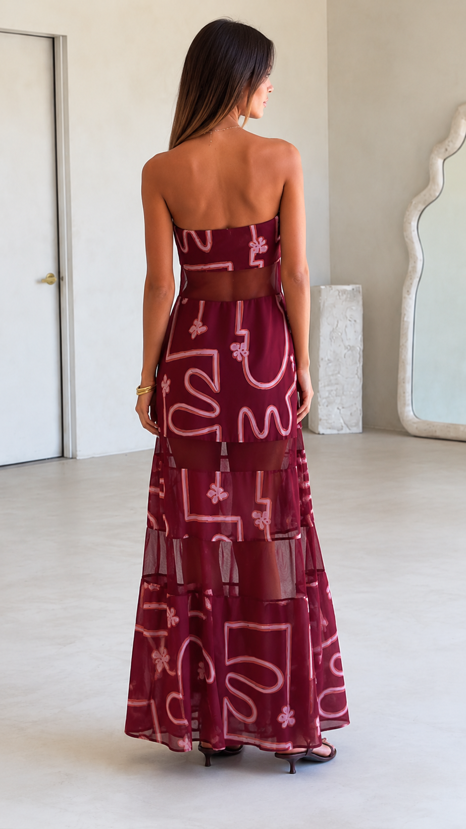 Burgundy Strapless Sheer Panel Maxi Dress