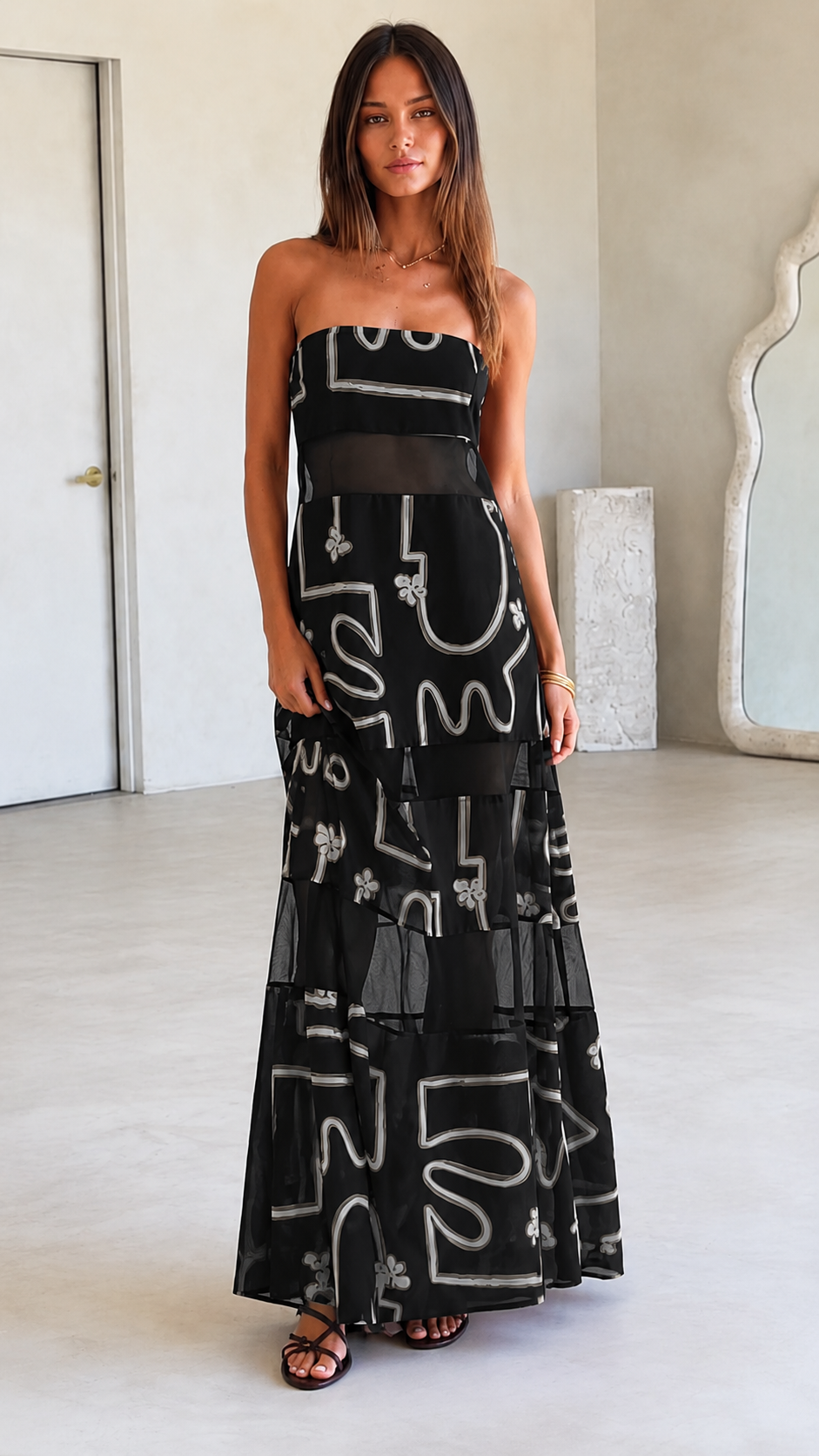 Burgundy Strapless Sheer Panel Maxi Dress