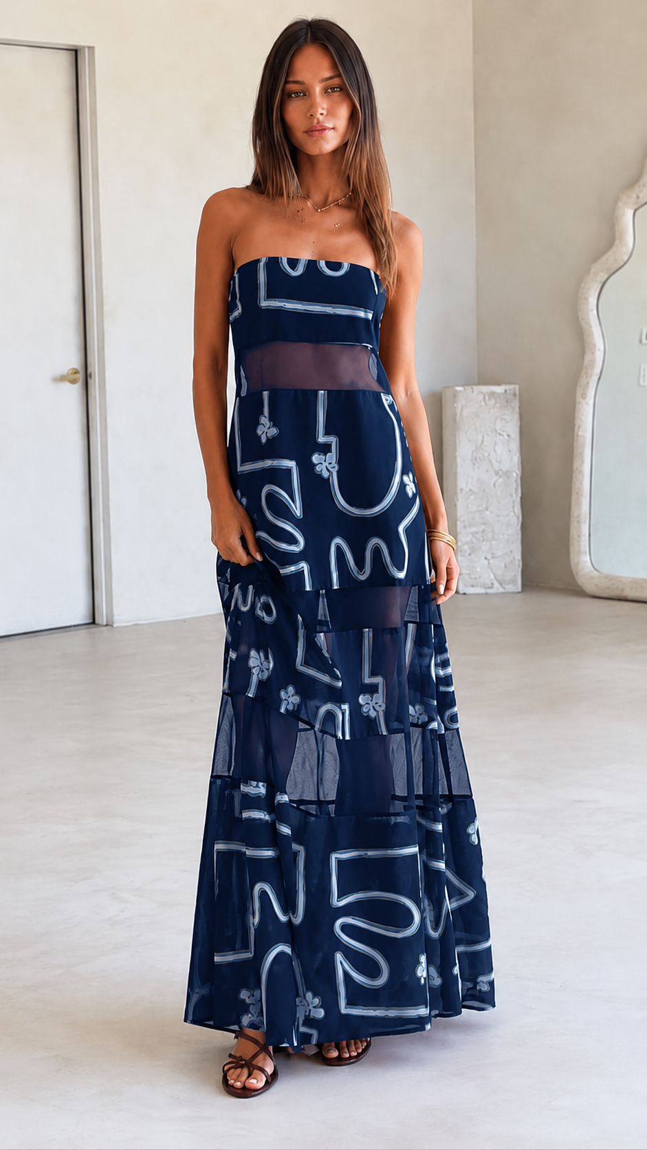 Burgundy Strapless Sheer Panel Maxi Dress