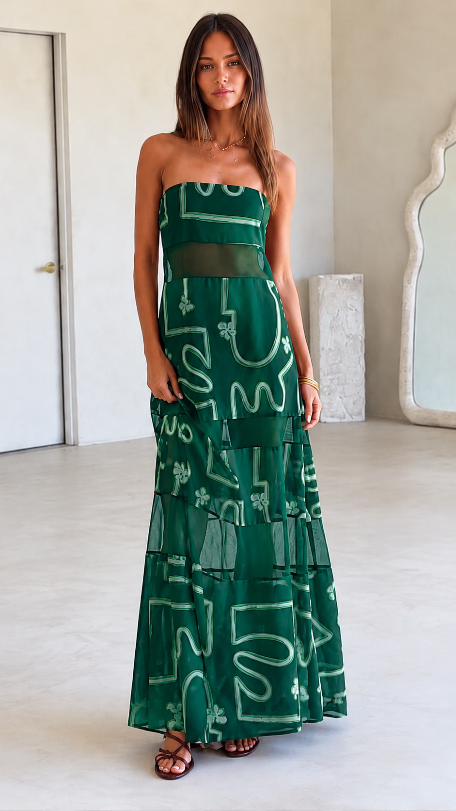 Burgundy Strapless Sheer Panel Maxi Dress