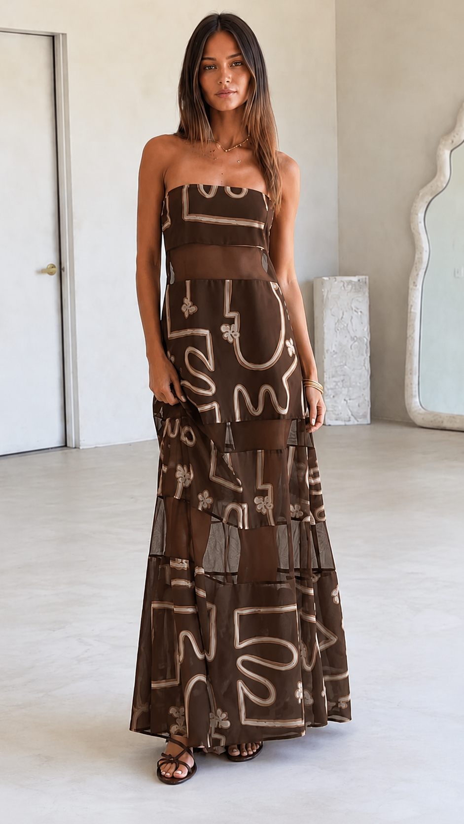 Burgundy Strapless Sheer Panel Maxi Dress