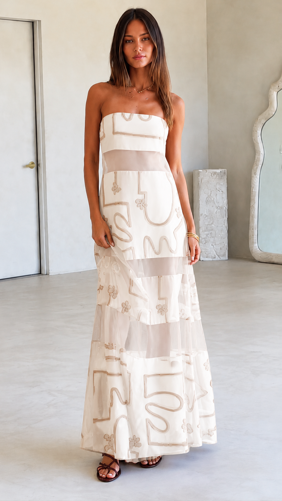 Burgundy Strapless Sheer Panel Maxi Dress
