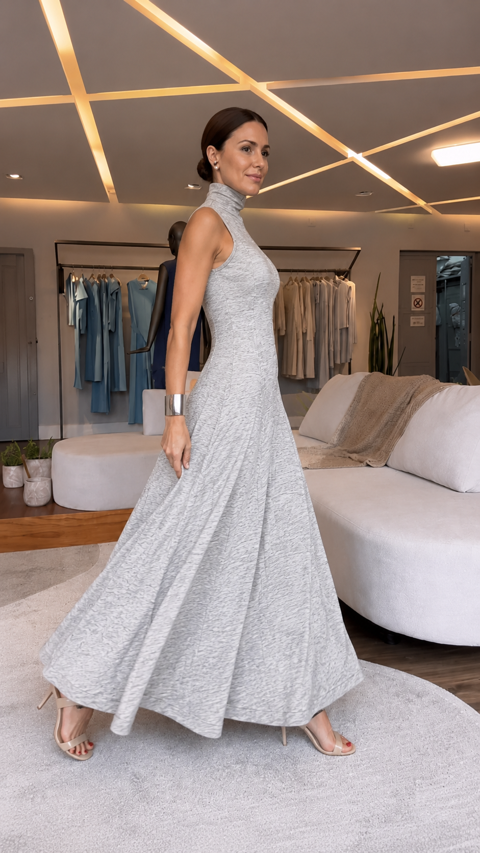 Gray High Neck Fit & Flare Maxi Dress