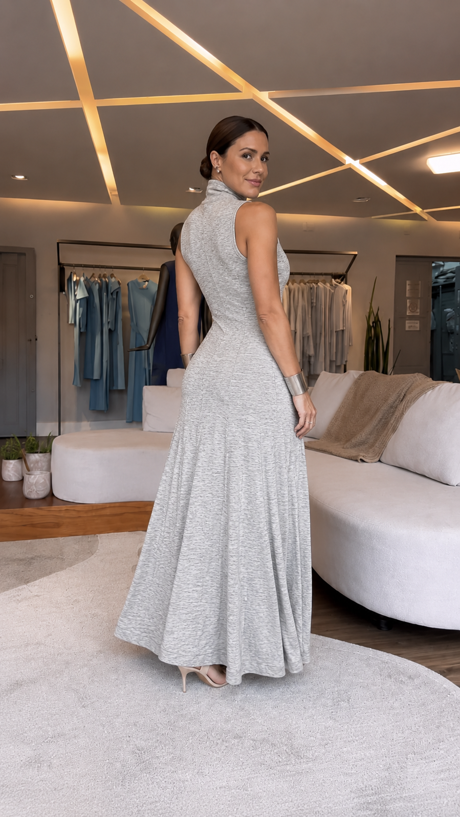 Gray High Neck Fit & Flare Maxi Dress