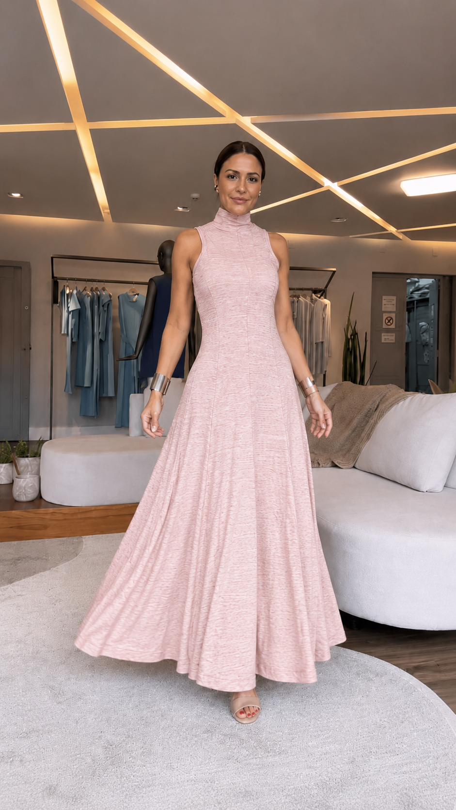 Gray High Neck Fit & Flare Maxi Dress