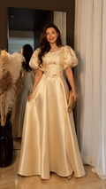 Champagne Satin Puff Sleeve Ball Gown