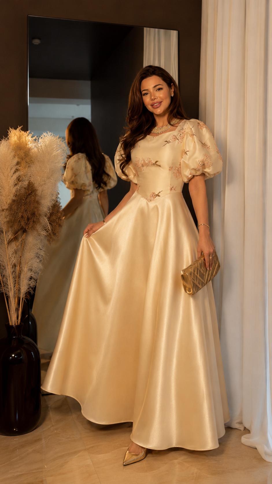 Champagne Satin Puff Sleeve Ball Gown