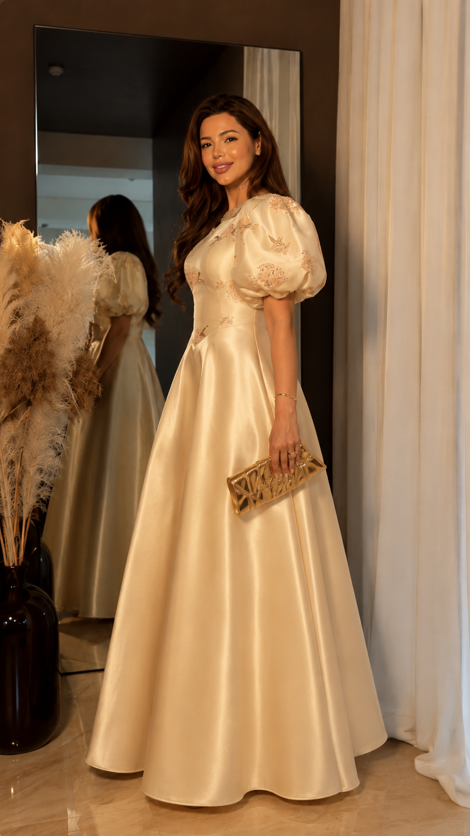 Champagne Satin Puff Sleeve Ball Gown