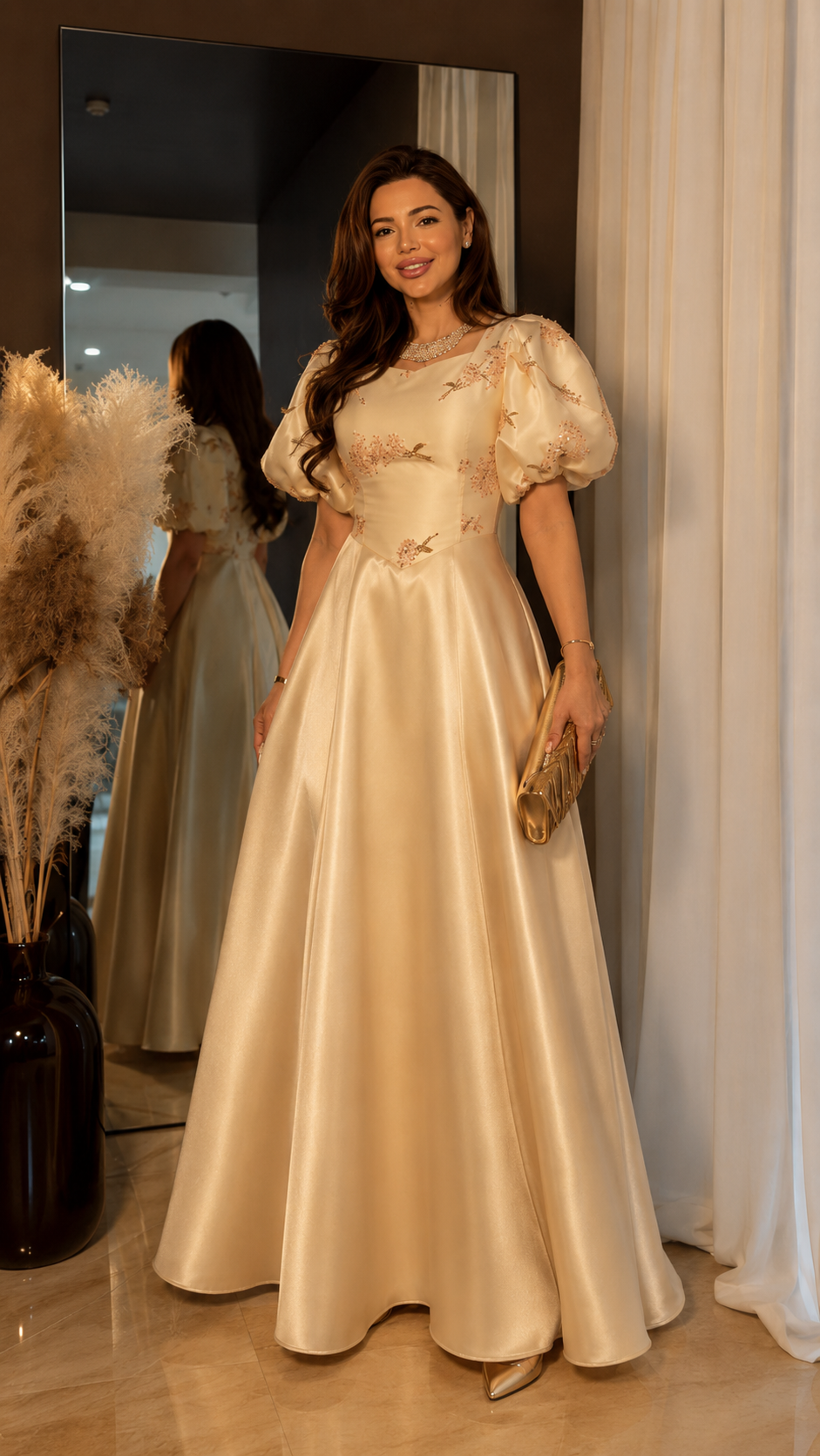 Champagne Satin Puff Sleeve Ball Gown