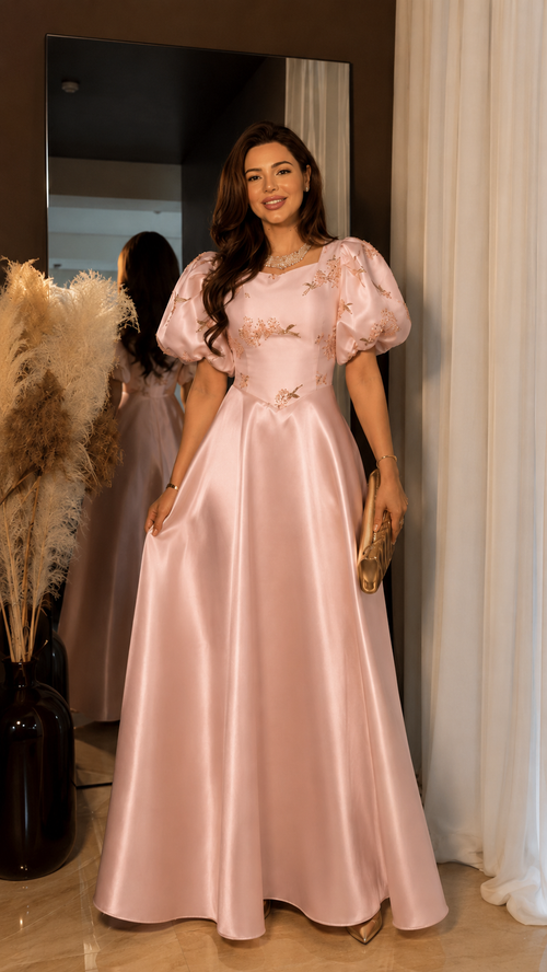 Champagne Satin Puff Sleeve Ball Gown