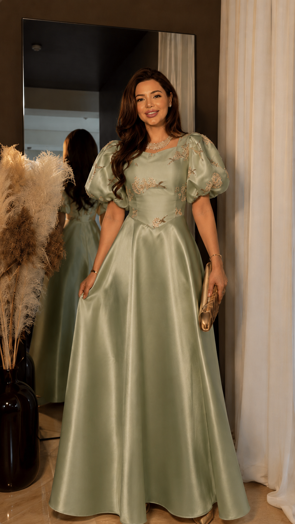 Champagne Satin Puff Sleeve Ball Gown