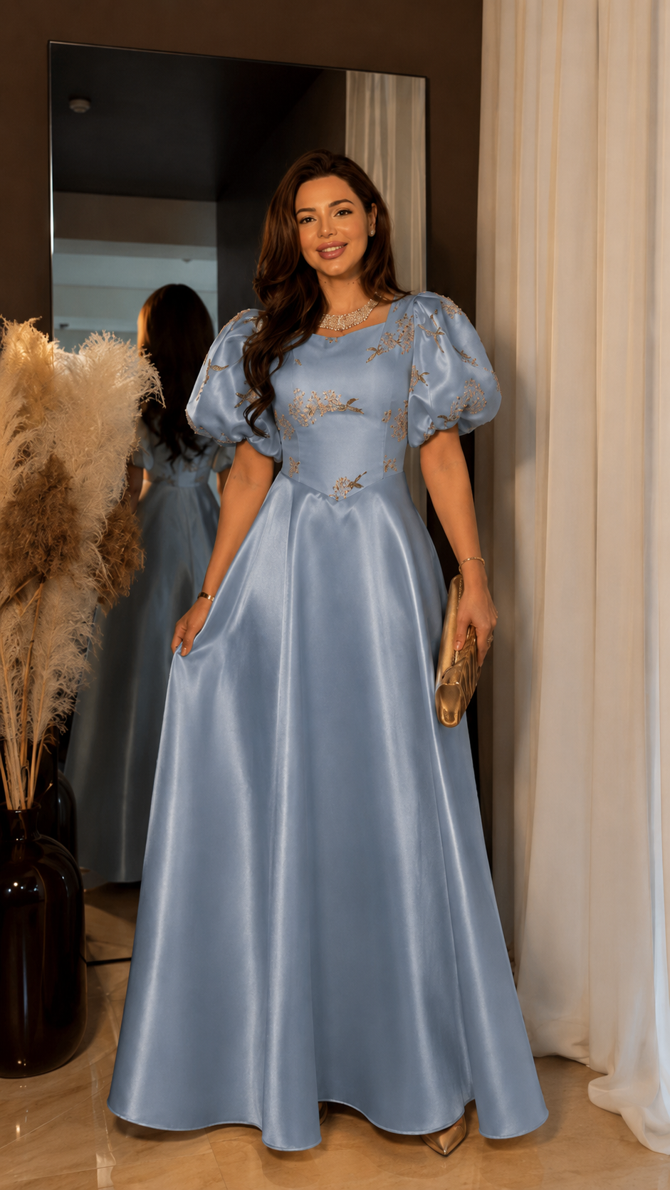 Champagne Satin Puff Sleeve Ball Gown