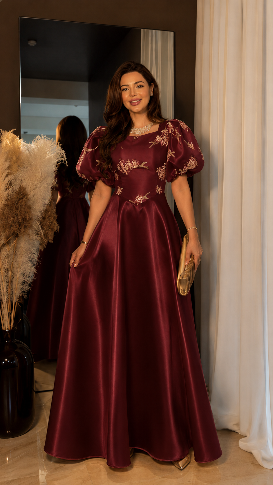 Champagne Satin Puff Sleeve Ball Gown