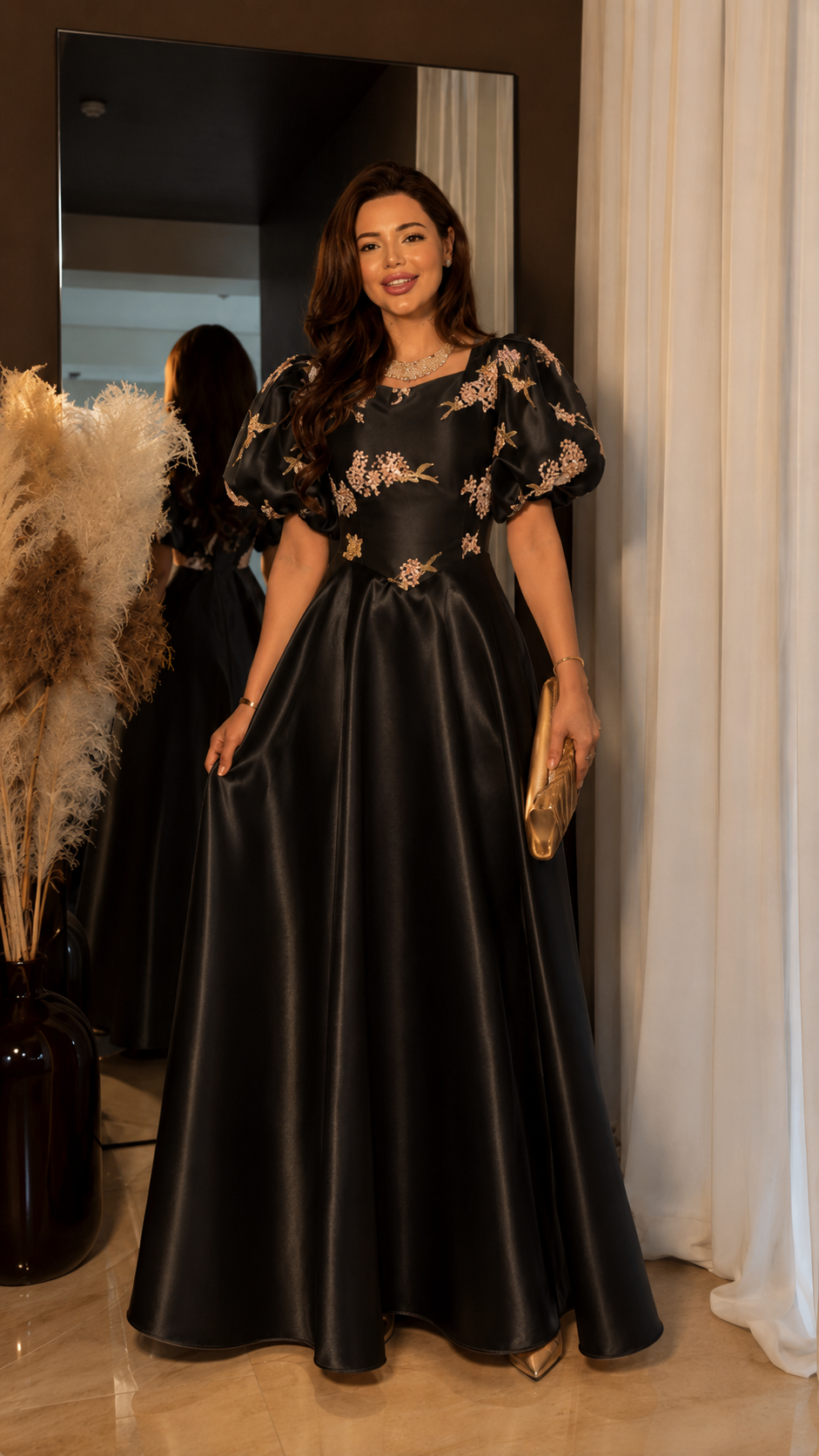 Champagne Satin Puff Sleeve Ball Gown