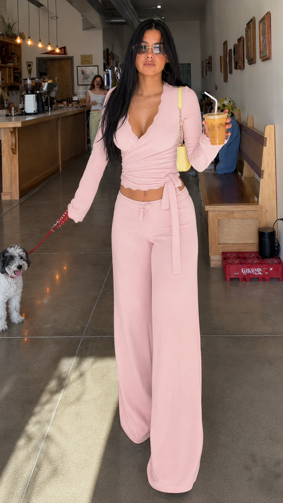 Blue Wrap Top & Wide-Leg Pants Set