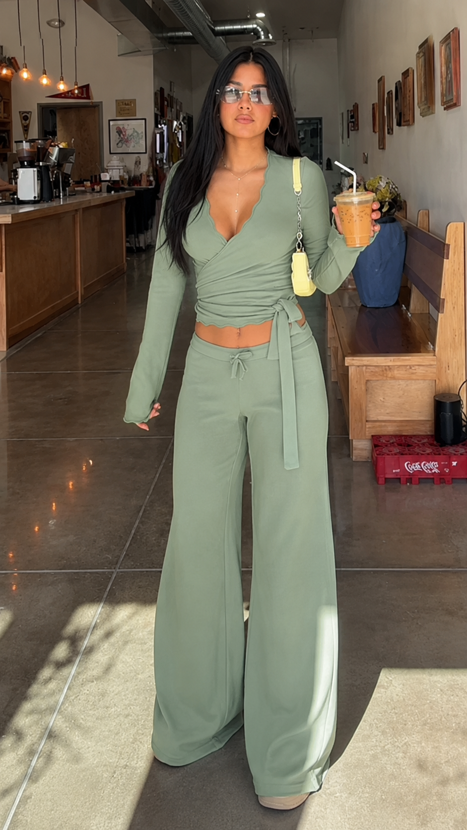 Blue Wrap Top & Wide-Leg Pants Set
